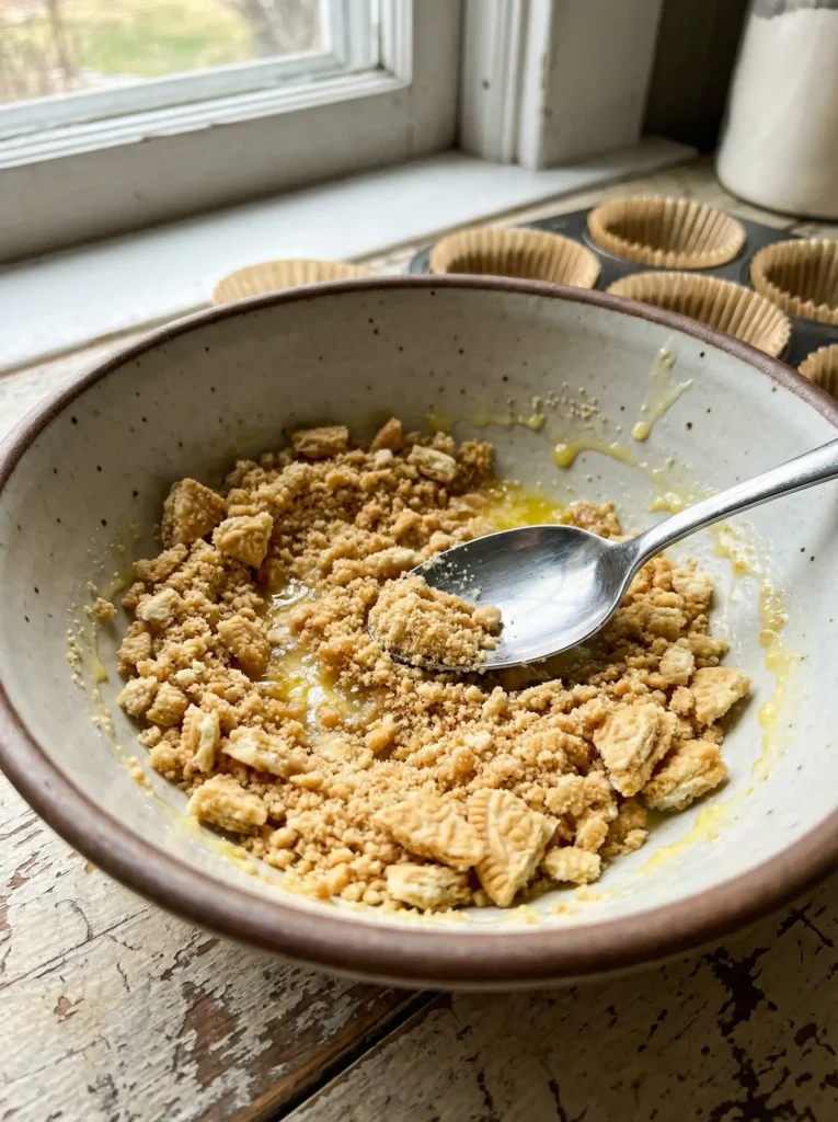 Golden Oreo crust being pressed into mini muffin cups