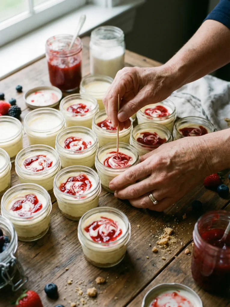 Swirling strawberry jam into the cheesecake layer for color and flavor