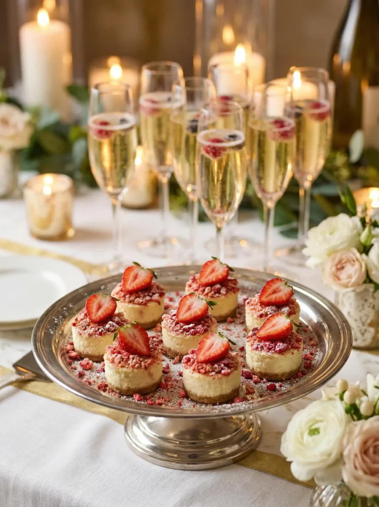 Strawberry Crunch Cheesecake Bites served at a party on a dessert table