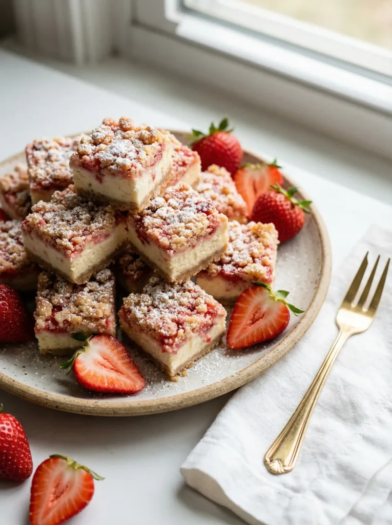 Strawberry Crunch Cheesecake Bites served on a white platter with strawberries