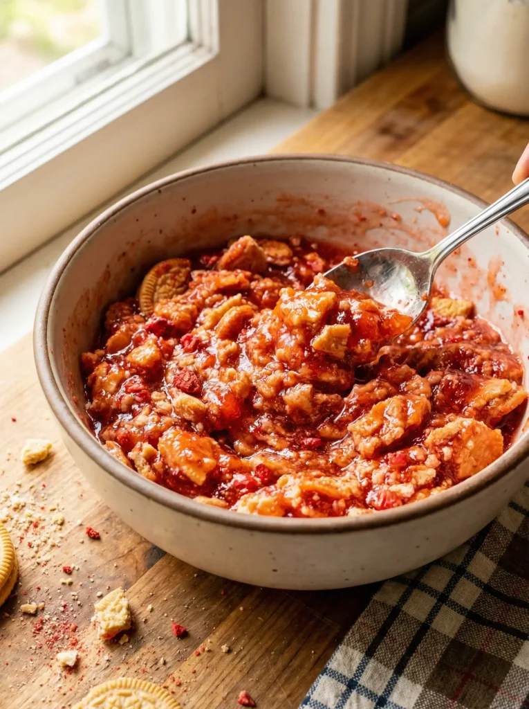 Making the strawberry crunch topping with gelatin and crushed Oreos
