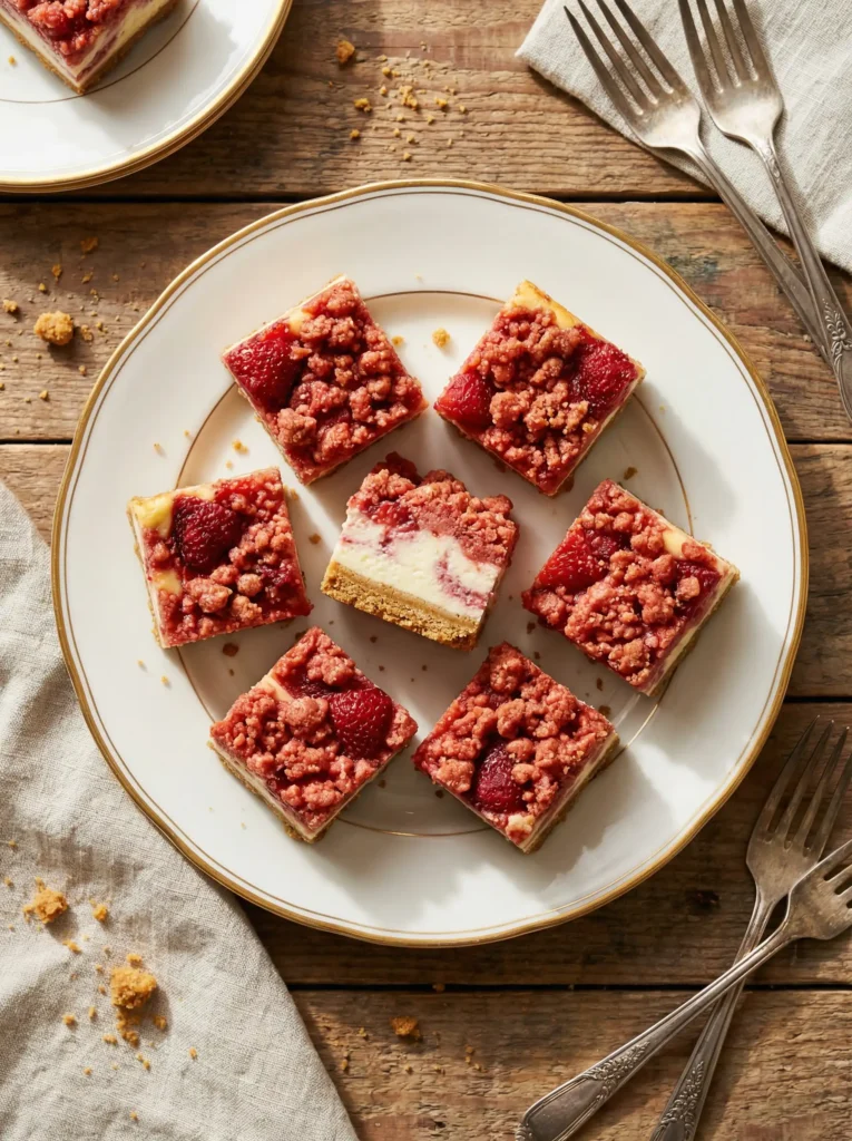 Strawberry Crunch Cheesecake Bites on a vintage white plate with creamy filling