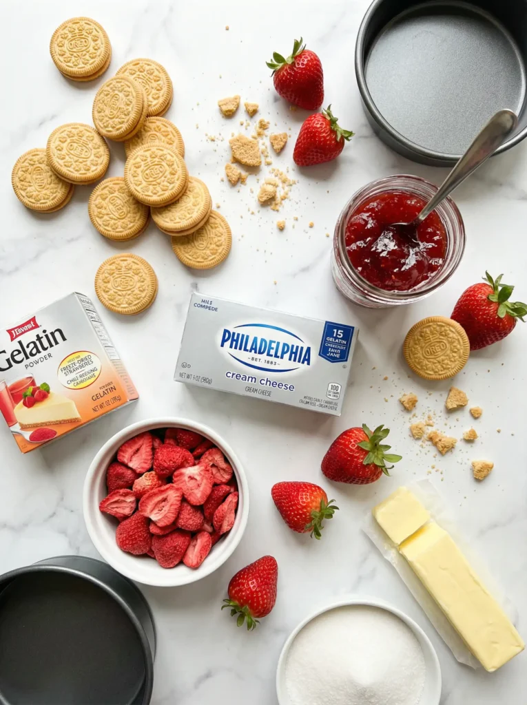 Strawberry Crunch Cheesecake Bites ingredients on a marble counter
