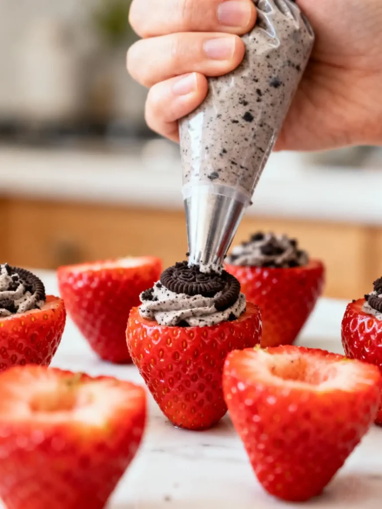 Piping Oreo truffle filling into strawberries for stuffed dessert recipe.