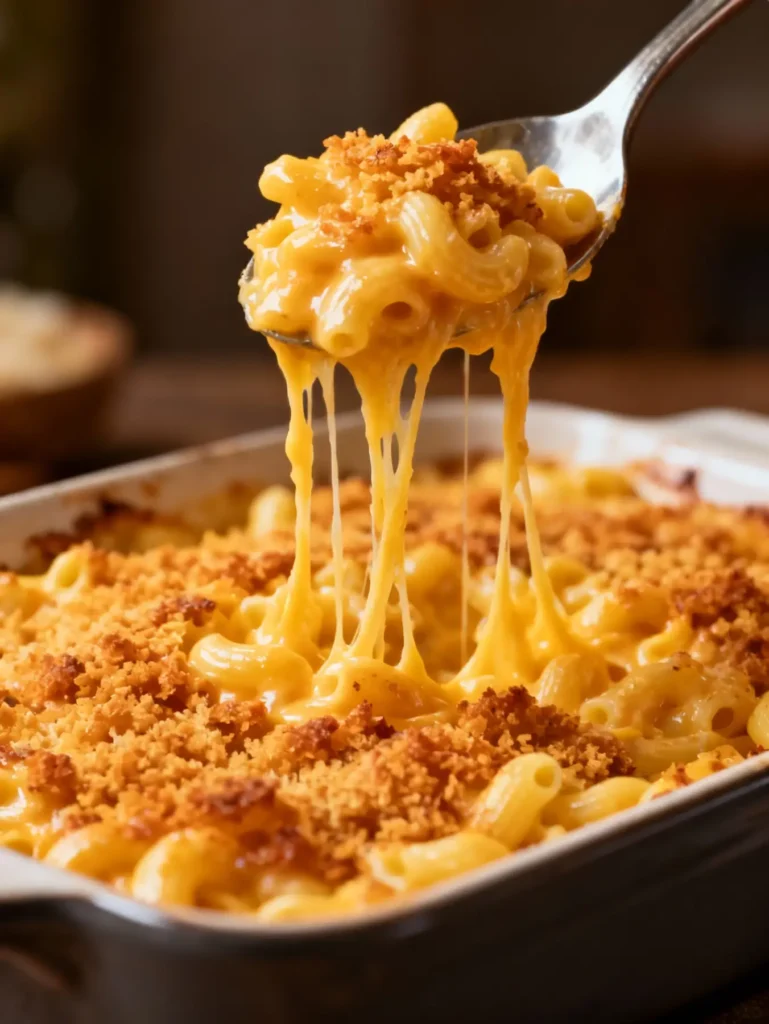 A spoon lifting creamy baked mac and cheese with a crispy breadcrumb topping.