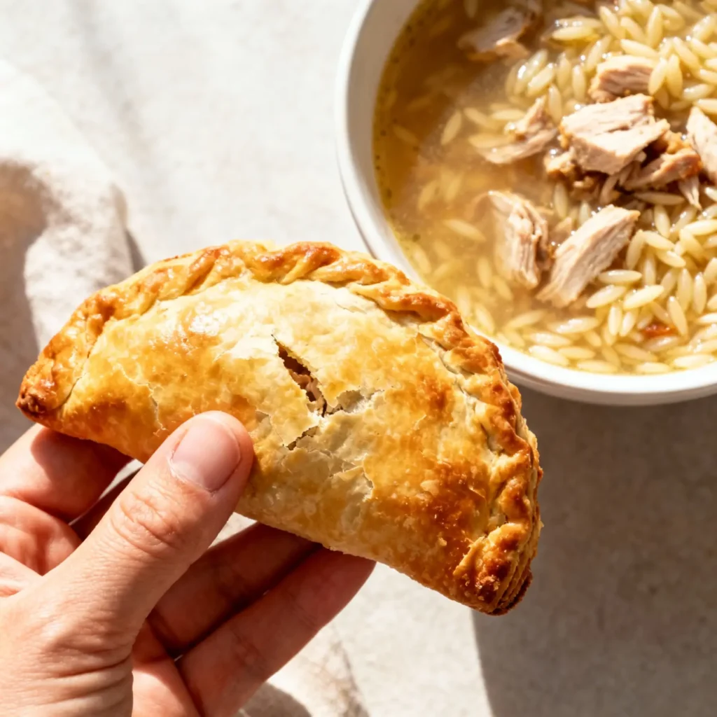 A hand holding a golden baked leftover turkey hand pie next to a warm bowl of turkey orzo soup.