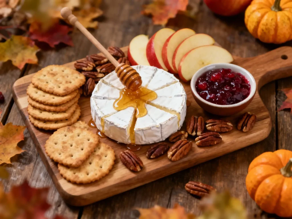 Thanksgiving charcuterie board with brie cheese, crackers, and cranberry sauce.