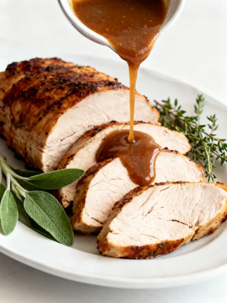 Pouring rich homemade turkey gravy over sliced herb-roasted turkey tenderloin garnished with fresh sage leaves.