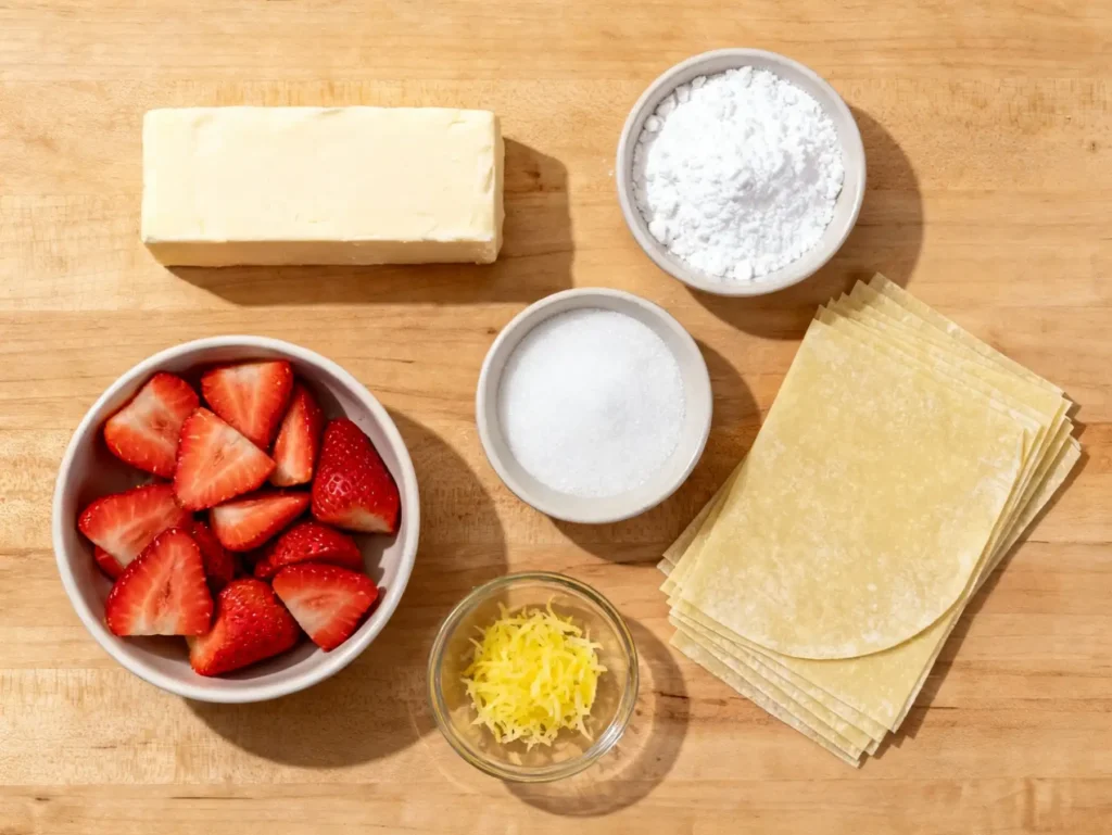 Ingredients for deep-fried strawberry cheesecake wontons