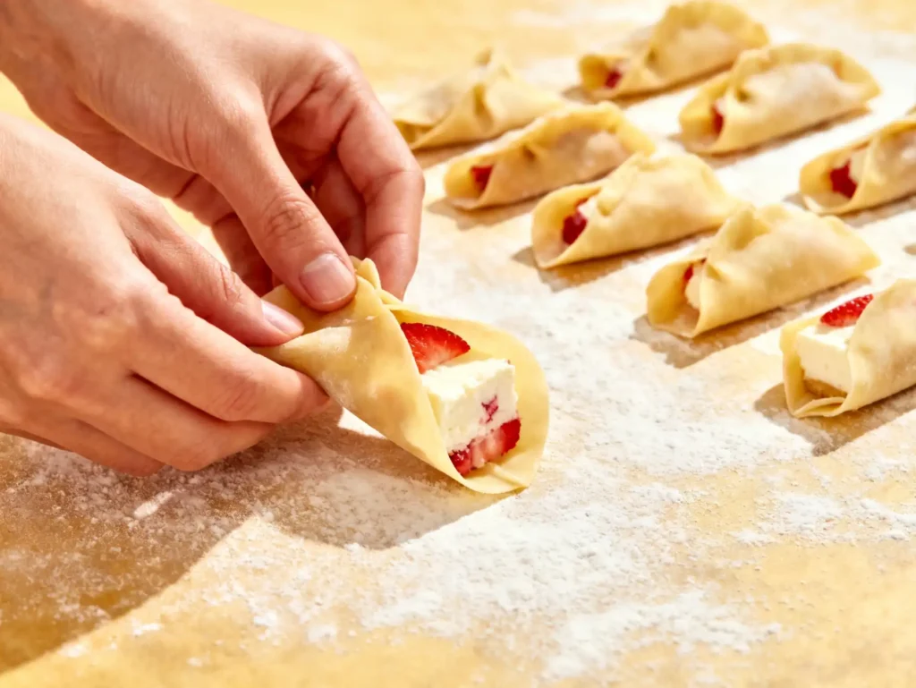 Wrapping strawberry cheesecake wontons by hand