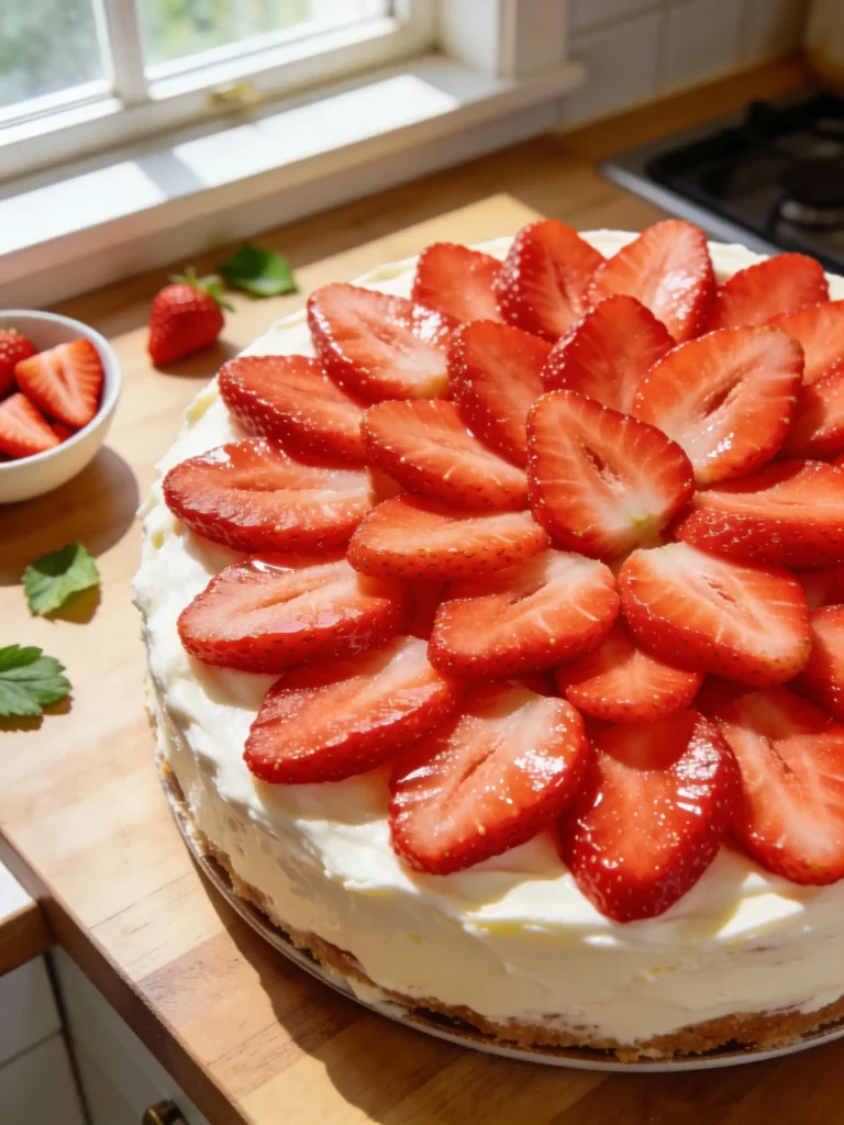 Topping cheesecake with sliced fresh strawberries