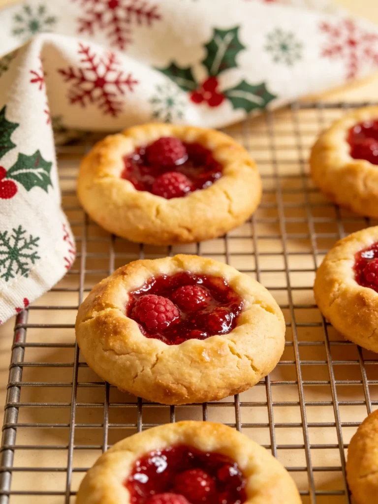 Baked thumbprint cookies cooling on a wire rack