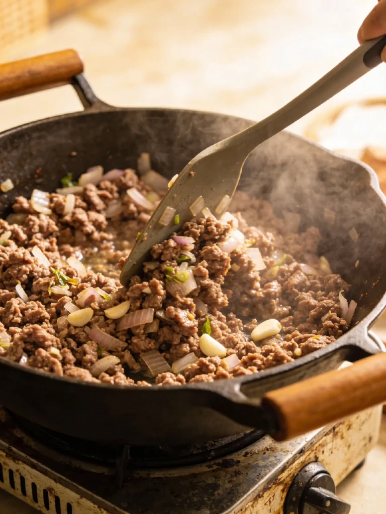 Ground beef and onions browning in pot for goulash