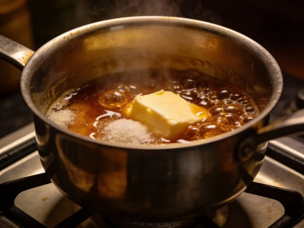 Butter and sugar mixture simmering for toffee