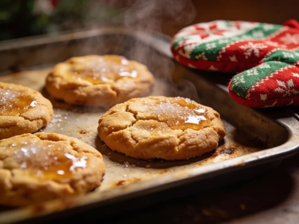 Freshly baked chewy sugar cookies on a tray