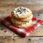 Chewy sugar cookies recipe stacked on red plaid napkin for Christmas