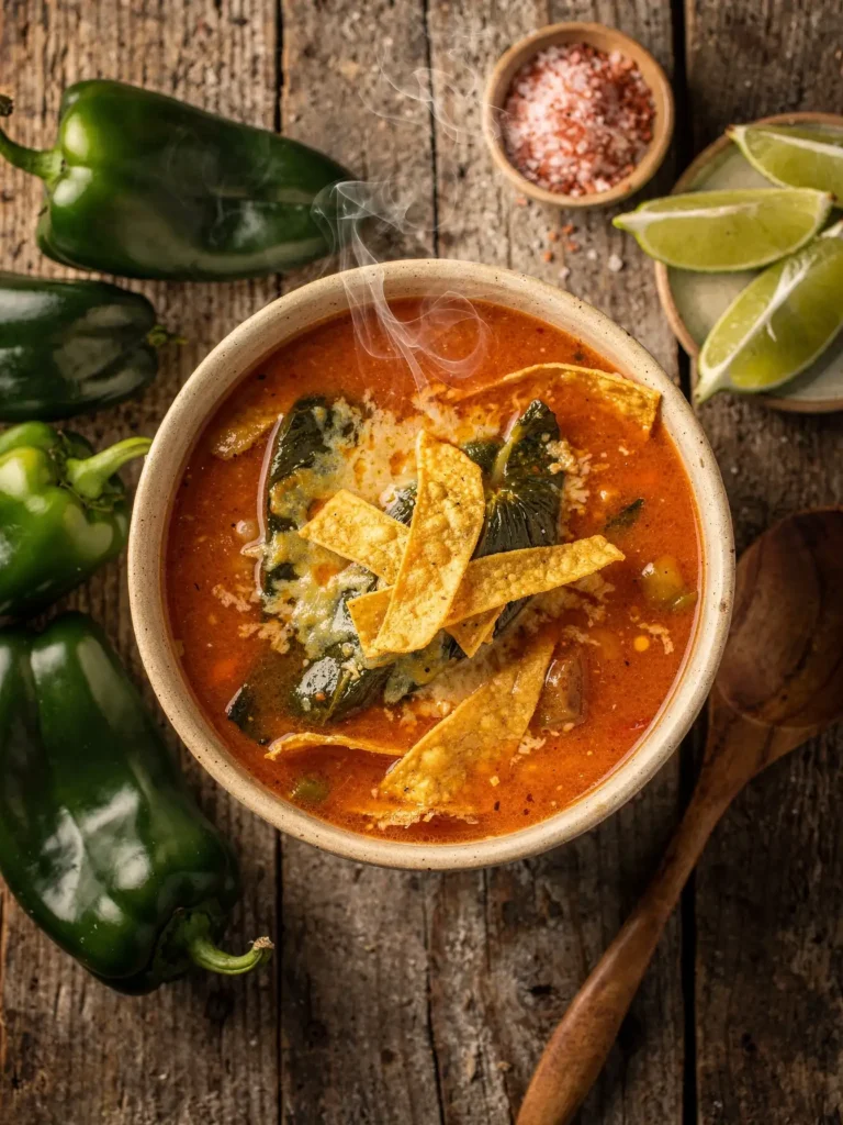 Final serving of chile relleno soup with garnishes