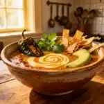Bowl of creamy chile relleno soup recipe with toppings