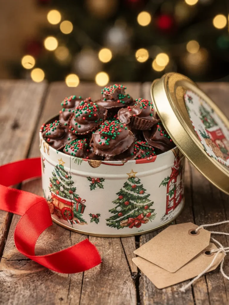Crockpot Christmas Candy packed in a holiday gift tin
