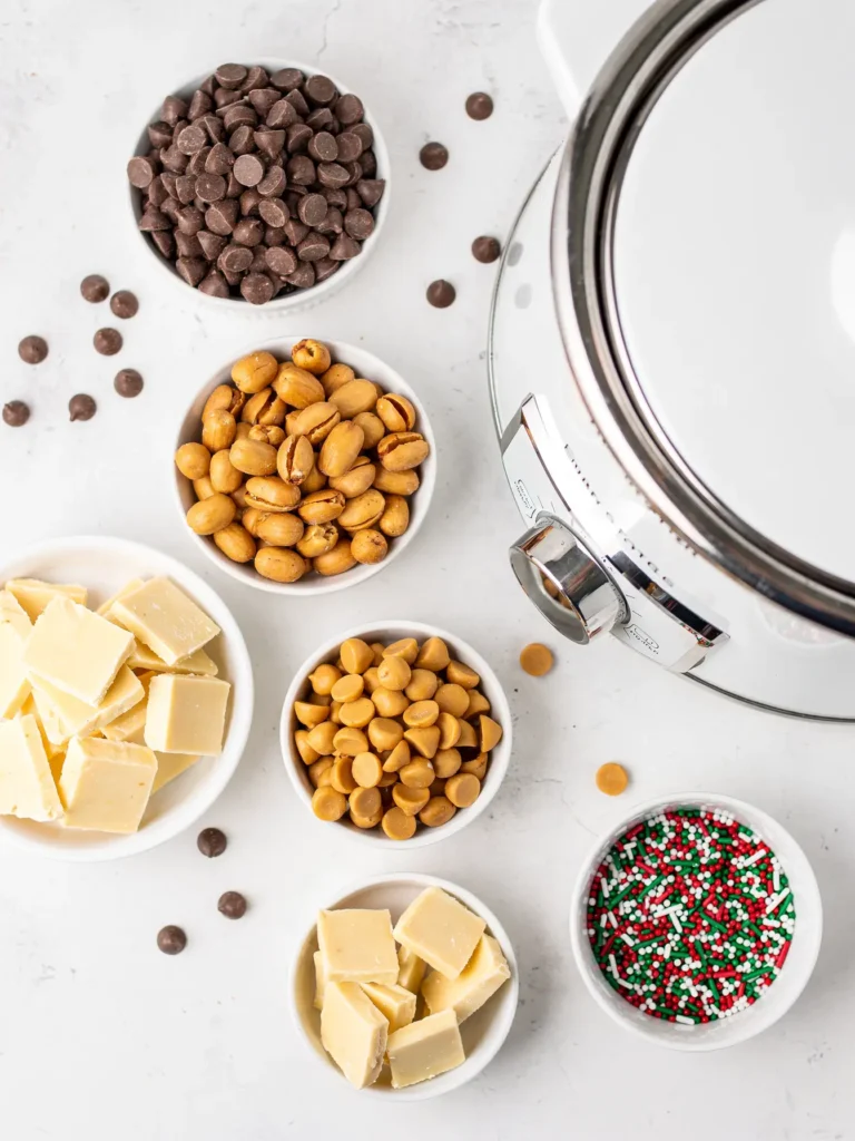 Ingredients for Crockpot Christmas Candy with chocolate and peanuts