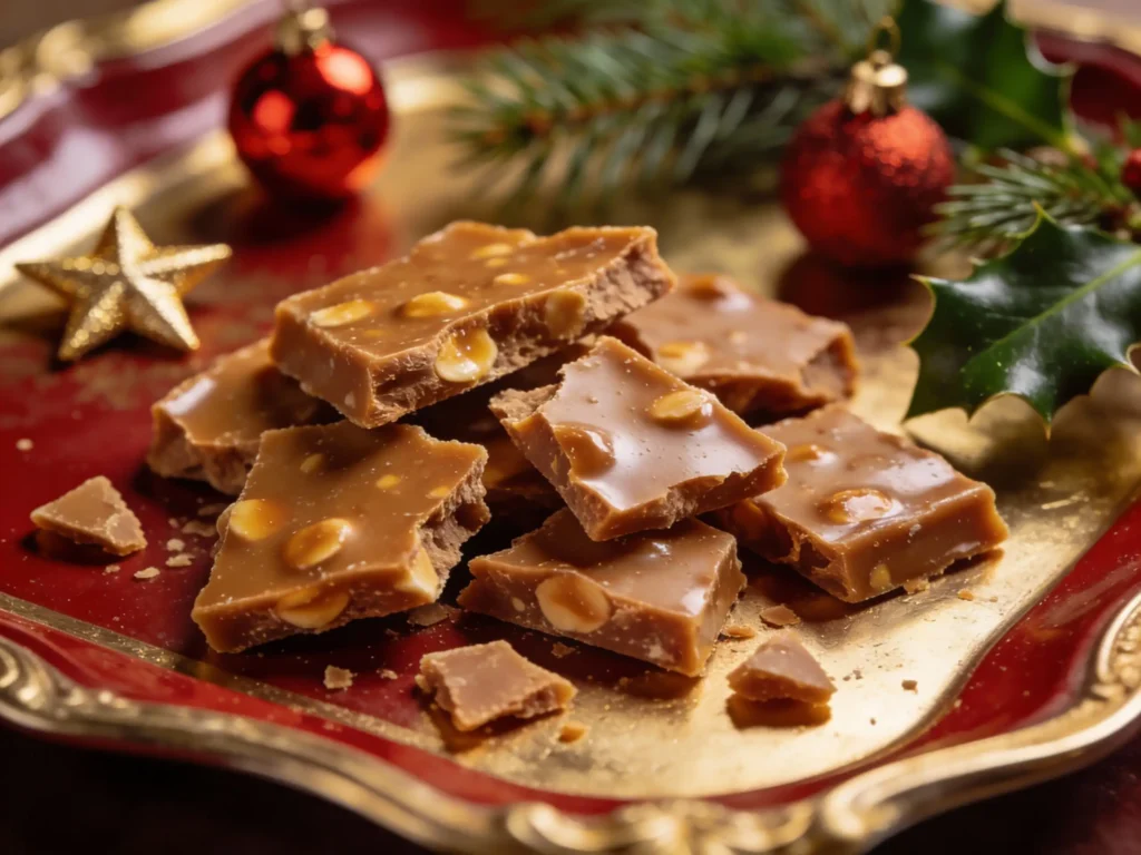 English toffee shards on a Christmas dessert tray