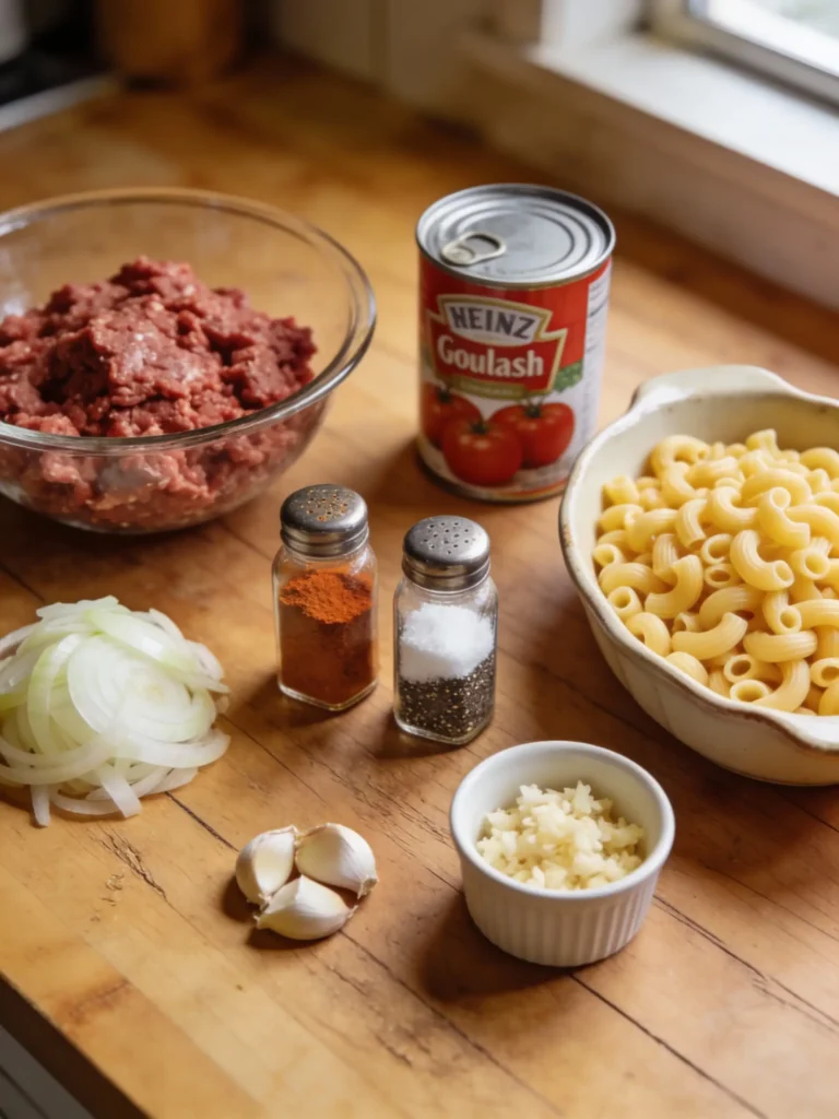 Ingredients for old fashioned goulash on wooden table