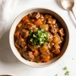 Styled bowl of old fashioned goulash for recipe card