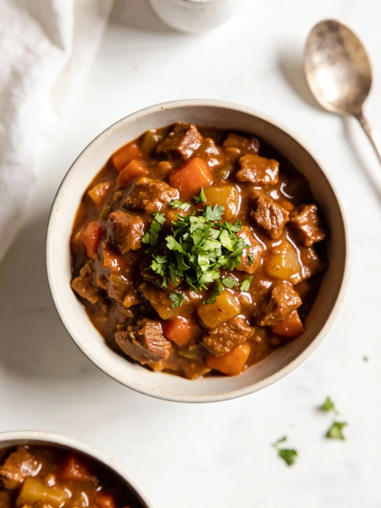Styled bowl of old fashioned goulash for recipe card
