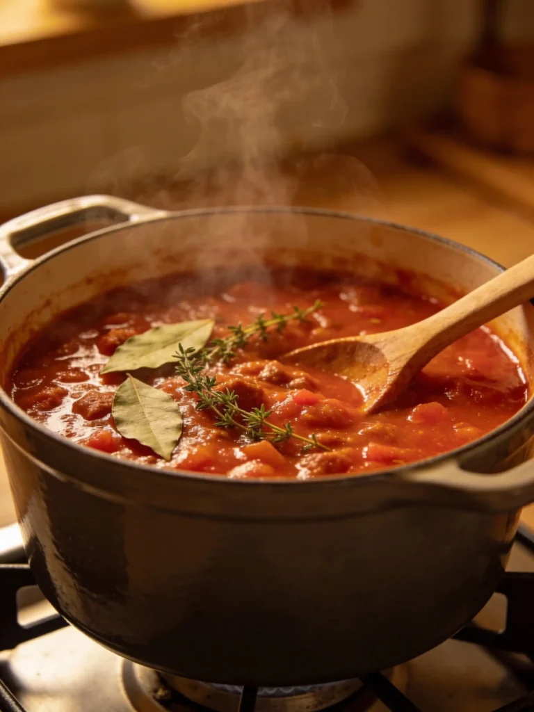 Tomato sauce for goulash simmering in Dutch oven