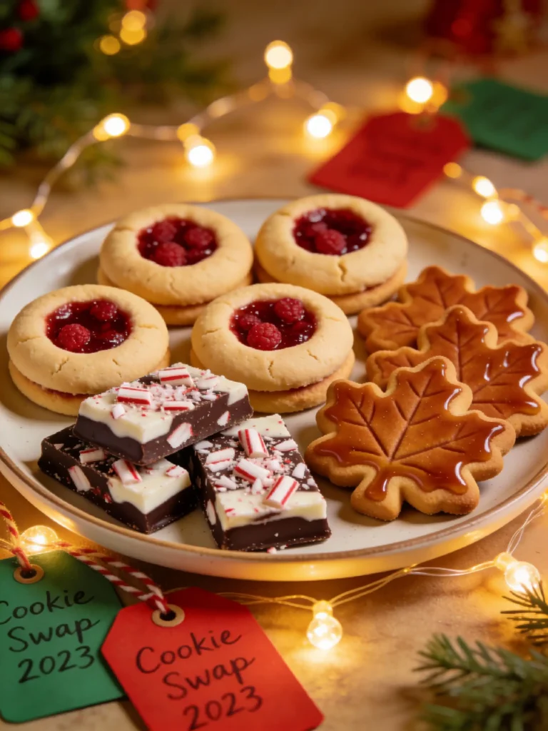 Holiday cookie tray featuring thumbprint cookies with raspberry jam