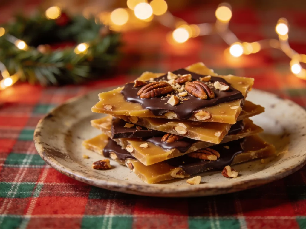 Homemade English toffee Recipe stacked on a festive plate