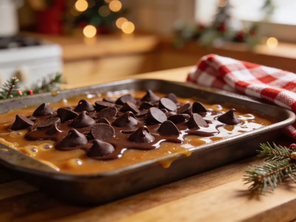 Chocolate chips melting on fresh toffee