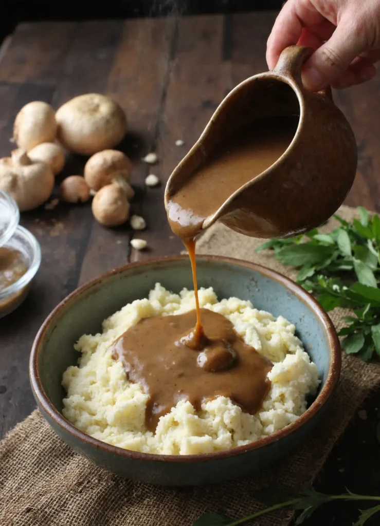 mushroom gravy recipe poured over mashed potatoes