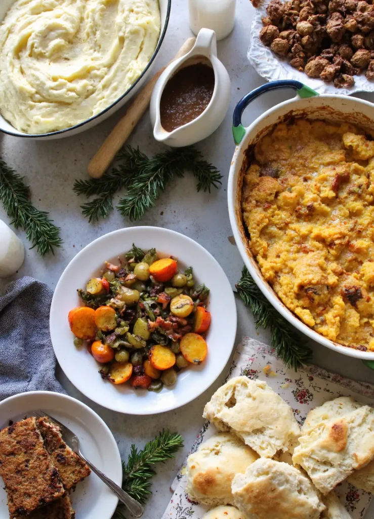 holiday table with mushroom gravy and sides