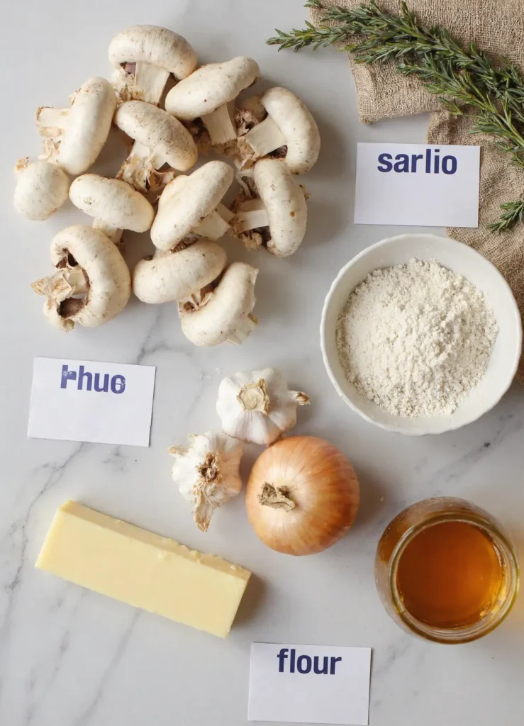 ingredients for mushroom gravy recipe on marble counter