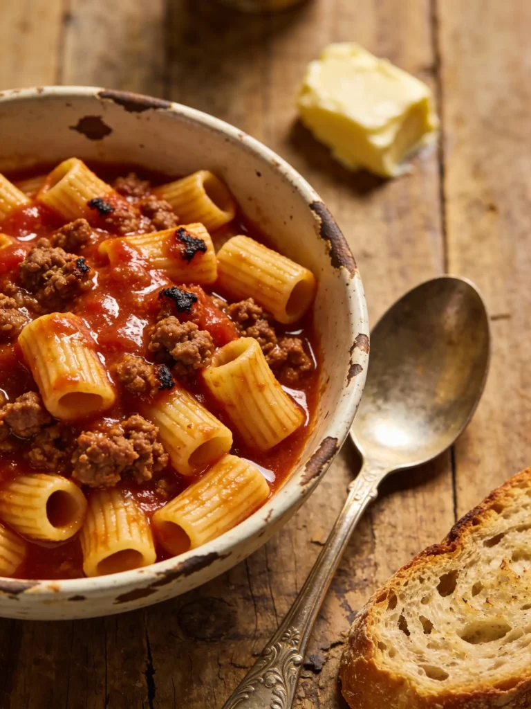 Bowl of old fashioned goulash recipe with pasta and beef