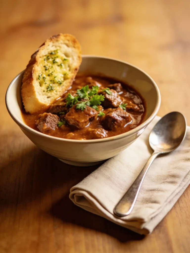 Served bowl of old fashioned goulash with garlic bread