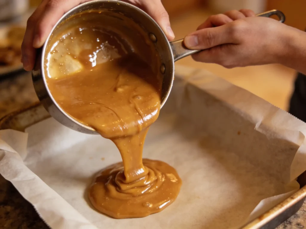 Pouring hot toffee into a baking dish