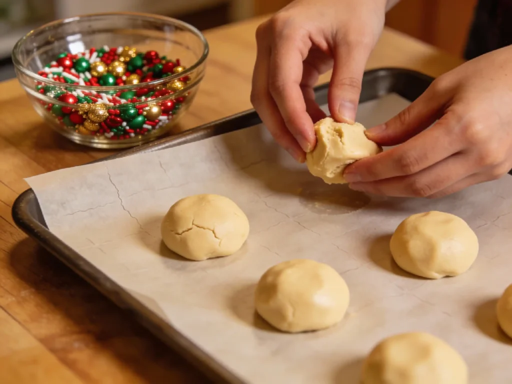 Scooping chewy sugar cookie dough onto baking tray