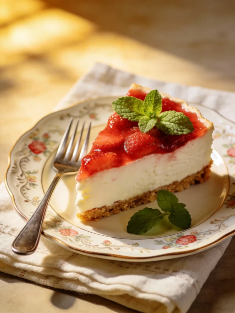 Slice of strawberry icebox cheesecake served on a dessert plate