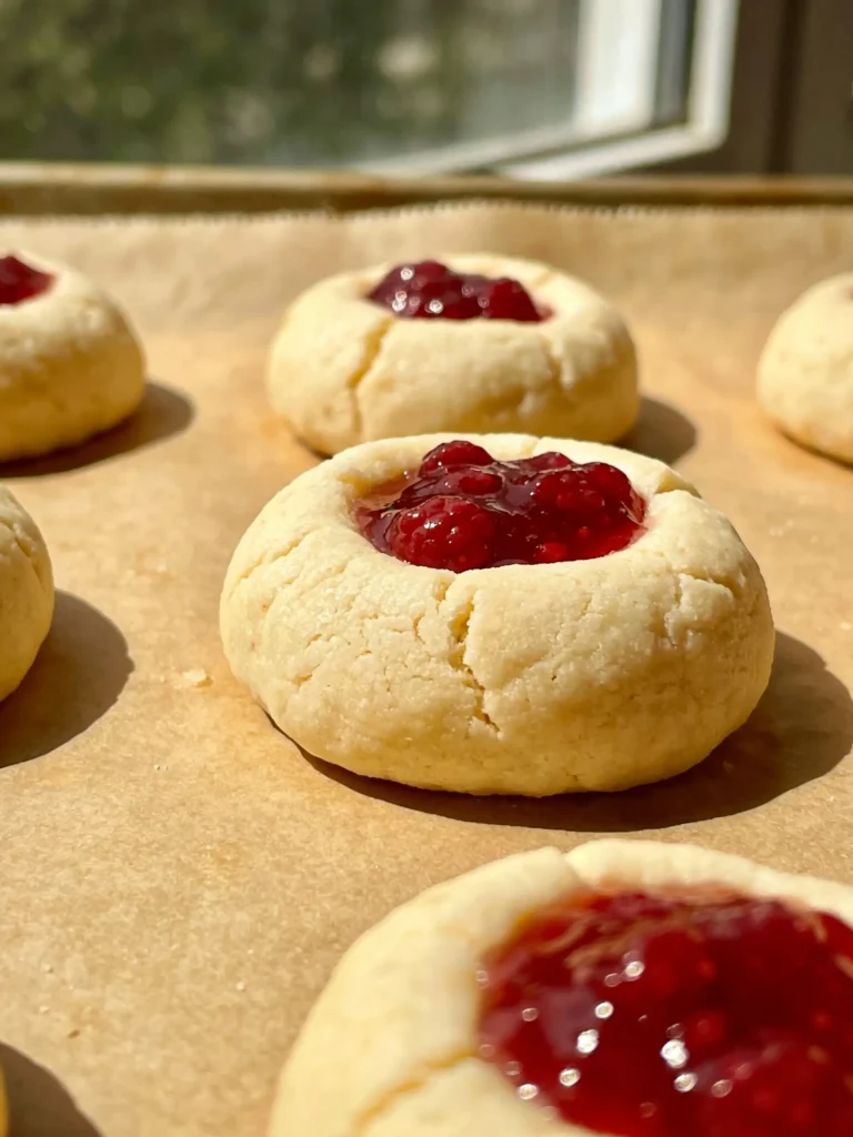 Shaped thumbprint cookie dough filled with raspberry jam
