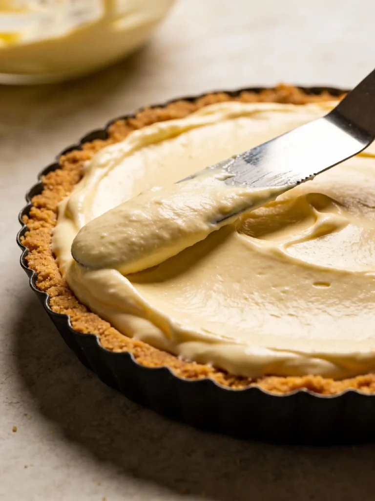 Spreading cream cheese filling over graham crust