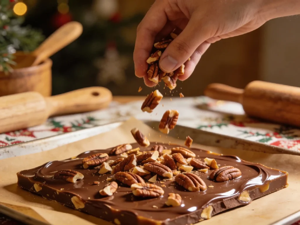 Sprinkling toasted pecans onto chocolate-covered toffee