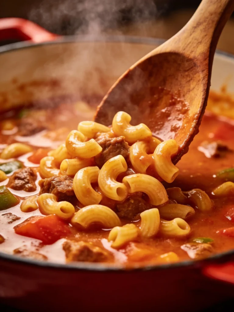 Elbow pasta being stirred into beefy goulash sauce