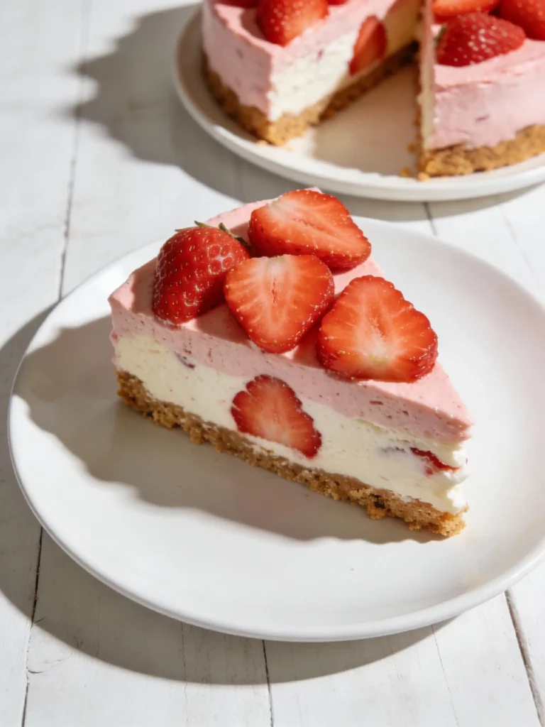 Strawberry icebox cheesecake recipe with fresh strawberries and graham crust