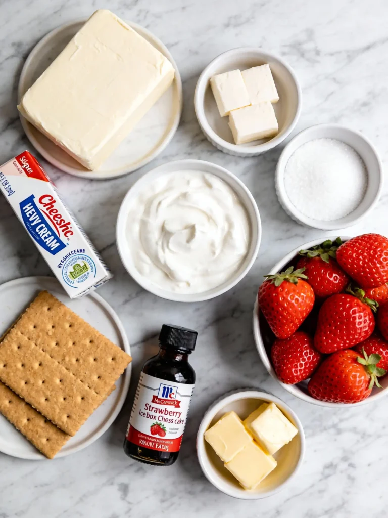 Ingredients for making strawberry icebox cheesecake on counter