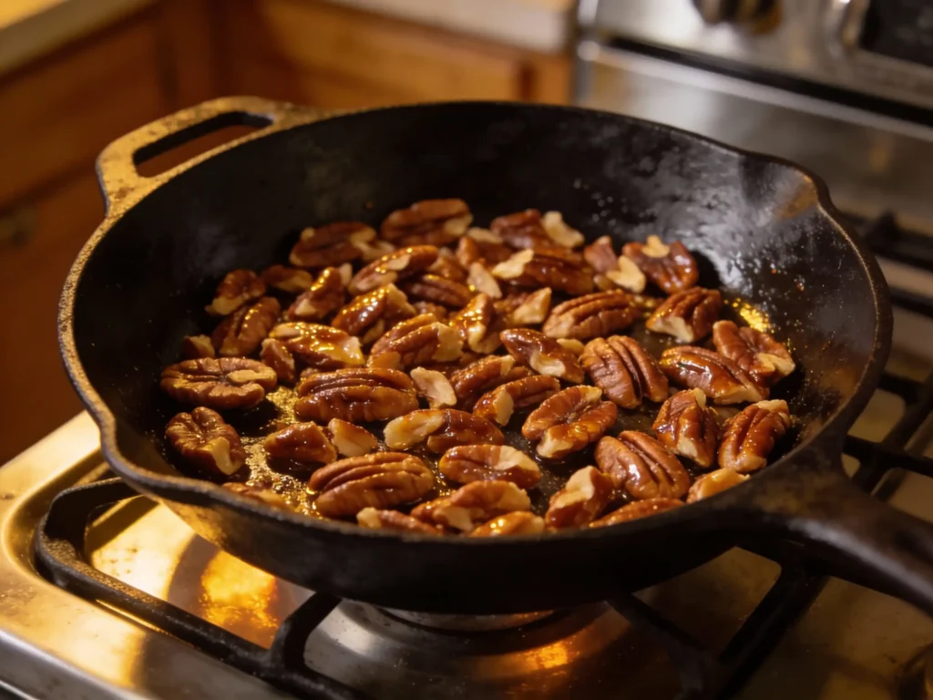 Pecans toasting in a skillet for English toffee