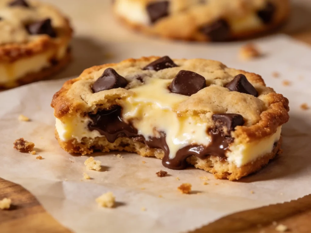 Chocolate chip cheesecake cookies with creamy centers and melted chocolate