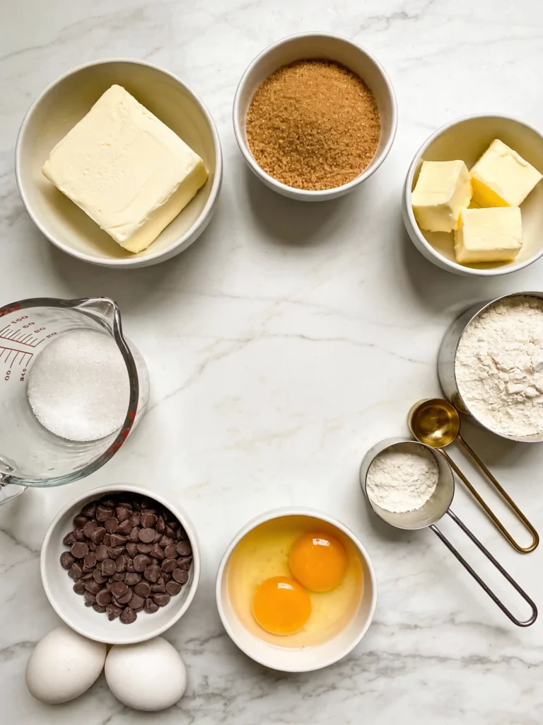 Ingredients for chocolate chip cheesecake cookies including cream cheese and chocolate chips