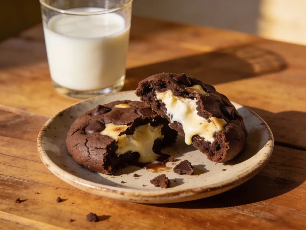 Chocolate chip cheesecake cookies with cream cheese center served with milk